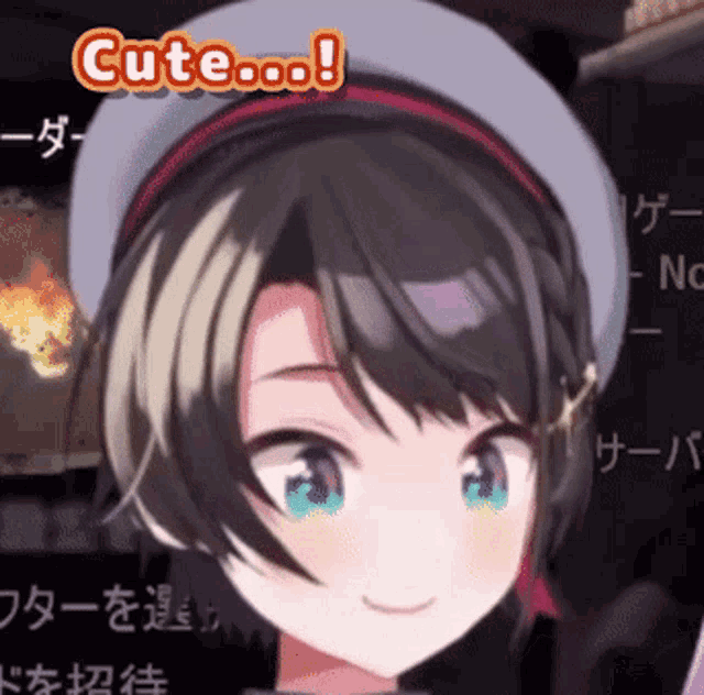 a close up of a girl 's face with the word cute above her