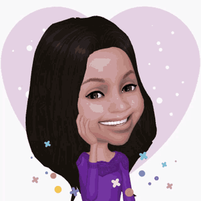 a cartoon of a girl in a purple sweater with a heart in the background