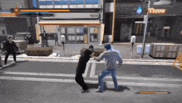 two men are fighting in a video game with a sign that says throw on it