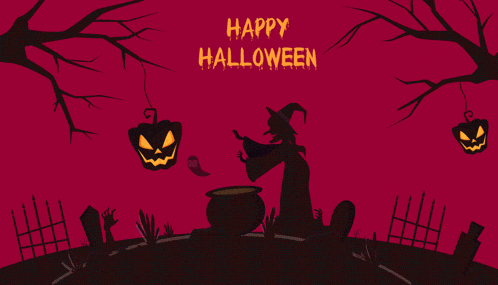 a witch is stirring something in a cauldron with the words happy halloween written in the background