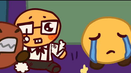 a cartoon drawing of a man with glasses and a crying face