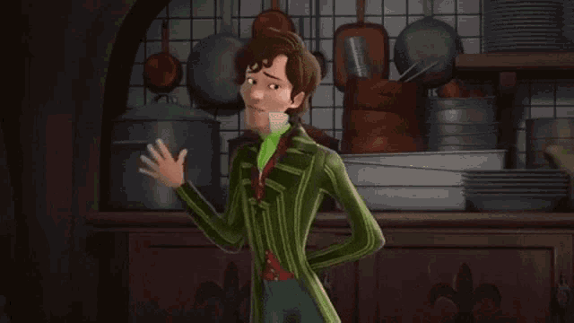 a cartoon character is standing in front of a counter with pots and pans behind him .