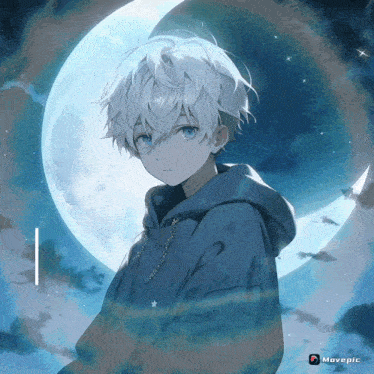 a boy with white hair is standing in front of a full moon