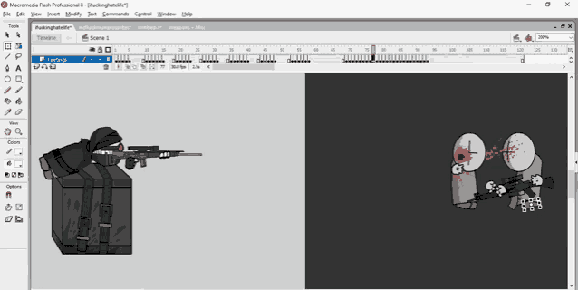 a computer screen shows a sniper with a gun and a man with blood coming out of their eyes