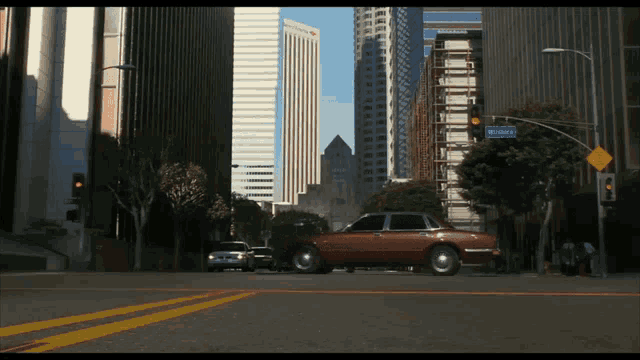 a red car is driving down a street with a sign that says ' mickey '