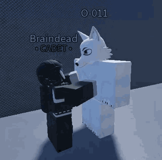 a person is standing next to a white wolf in a game .