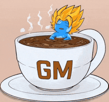 a cup of coffee with gm written on the side