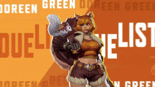 a poster for doreen green shows a woman holding a squirrel in her arms