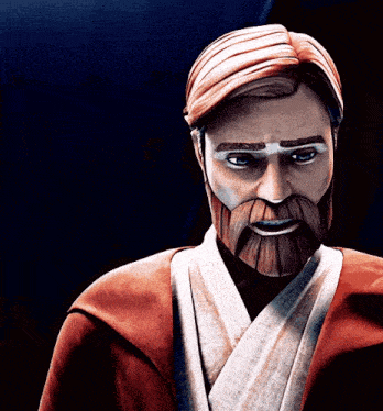 a close up of a cartoon character with a beard and blue eyes