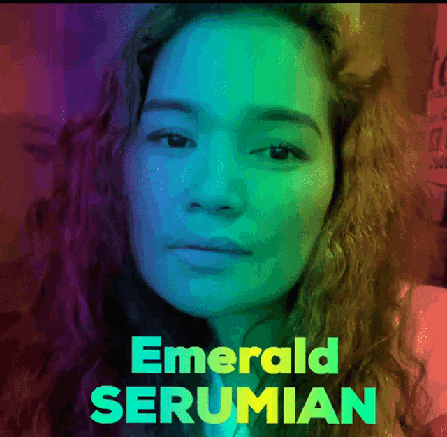 a woman with emerald serumian written on the bottom of her face