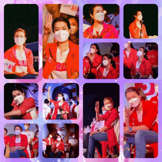 a collage of photos of a woman wearing a mask and a red jacket with the number 3 on it