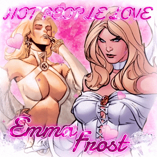 a picture of emma frost with hearts and the words hot people love
