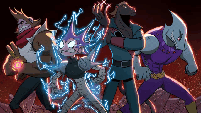 a group of cartoon characters are standing next to each other and one has a lightning bolt on her head