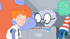 a cartoon character with glasses is standing next to a brain