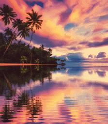 a sunset over a body of water with palm trees in the background
