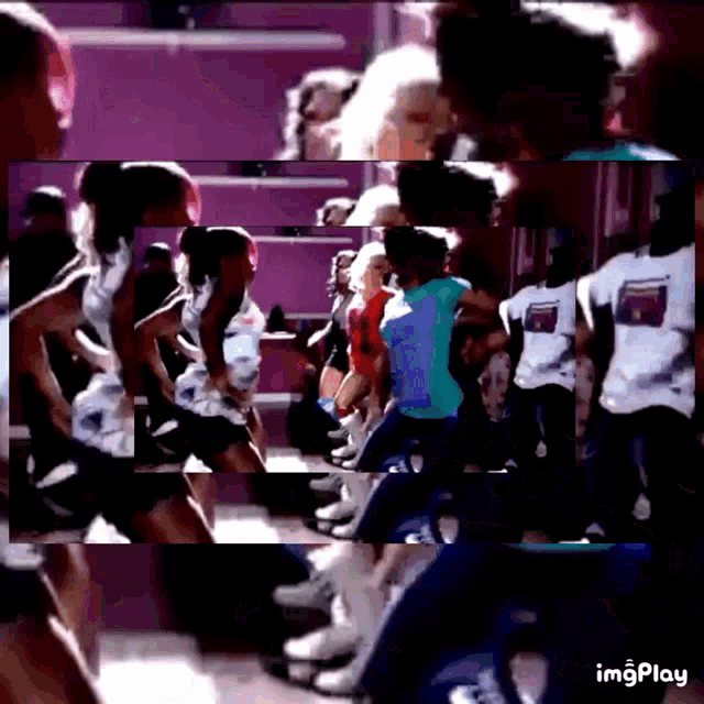 a group of people are dancing in a room with the word imgplay on the bottom left
