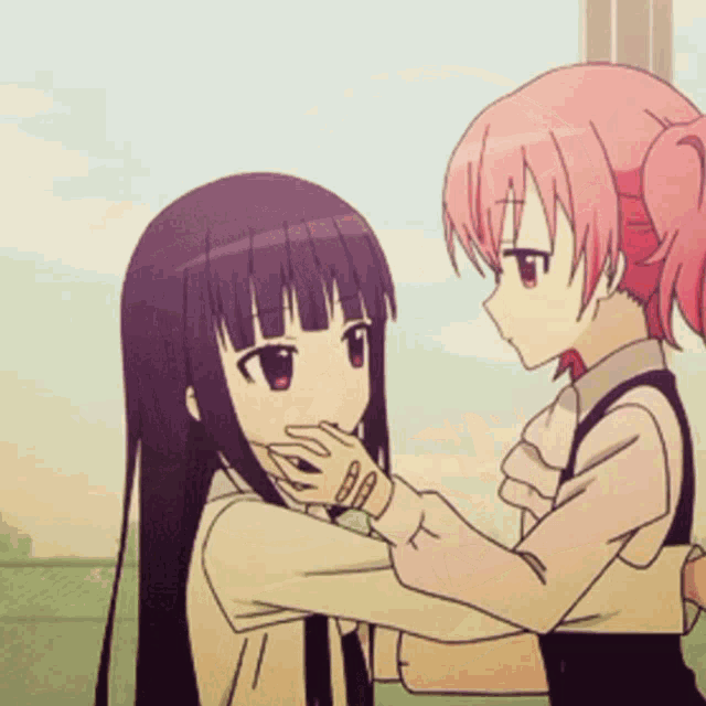 two anime girls are hugging each other and one of them is covering her mouth with her hand