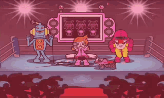 a cartoon of a girl singing in front of a crowd