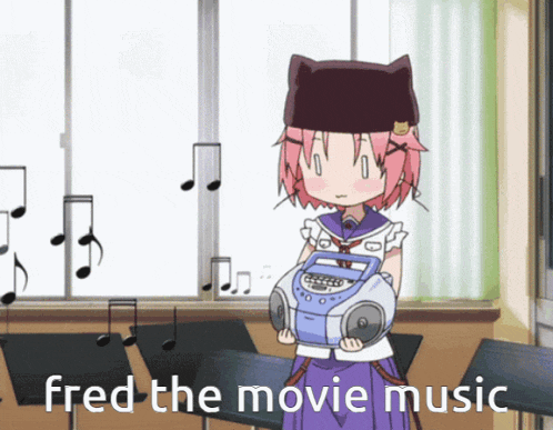 a girl with pink hair is holding a boombox with the words fred the movie music above her