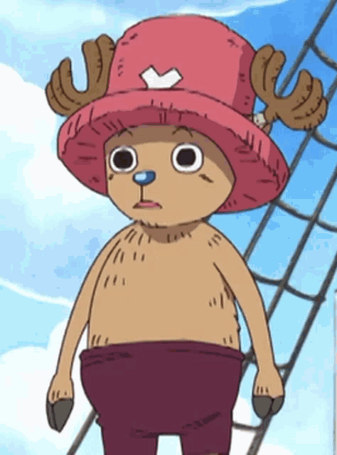 a cartoon character wearing a pink hat with a white heart on it
