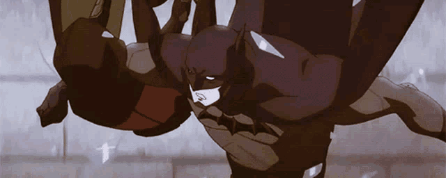 a cartoon drawing of batman flying through the air with a cross in the background