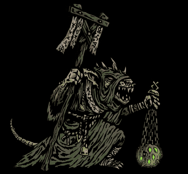 a black and white drawing of a rat holding a cross and a sign
