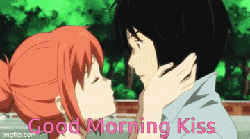 a boy and a girl kissing with the words " good morning kiss " written below them
