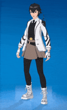 a cartoon character wearing a white jacket and a brown skirt
