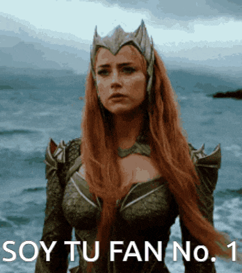 a woman with long red hair is standing in front of a body of water with the words soy tu fan no. 1 below her