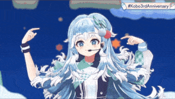 a girl with a microphone on her head is dancing in front of a sign that says kobo3rdanniversary