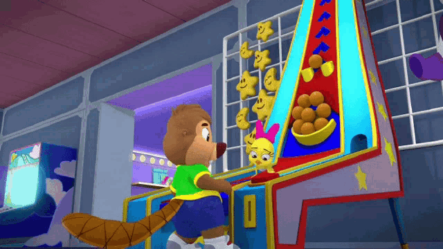a cartoon of a beaver playing a game with stars
