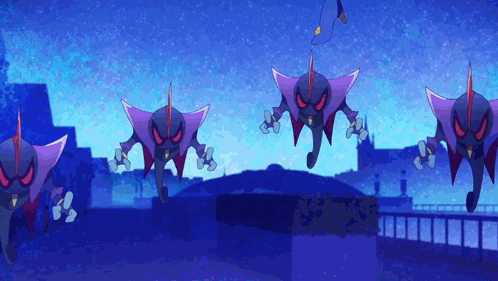 a group of purple monsters are flying in the air