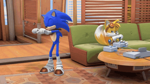 sonic and tails are playing video games in a living room