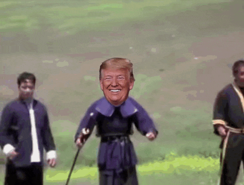 a close up of donald trump 's face with a purple collar and tie