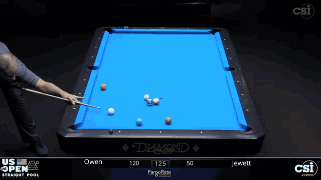 a pool table with a blue cloth and a man holding a cue