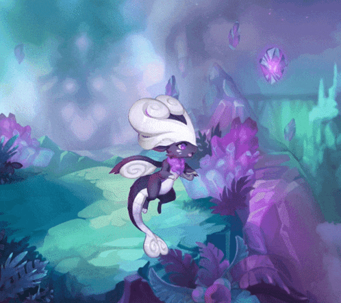 a purple and white cartoon character is surrounded by purple and blue flowers