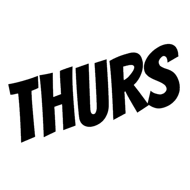 a black and white logo that says thursday on a white background