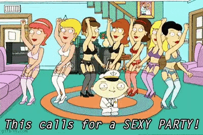 a cartoon of a group of women dancing with the caption " this calls for a sexy party ! "