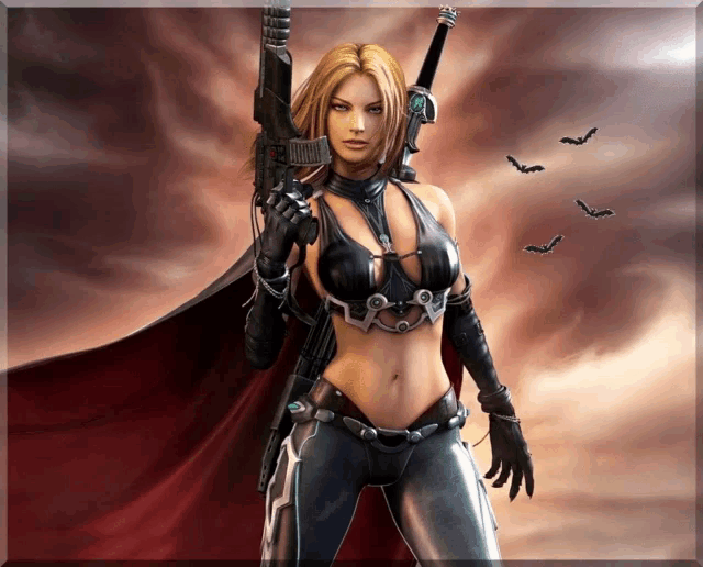 a woman is holding a gun and a sword with bats in the background