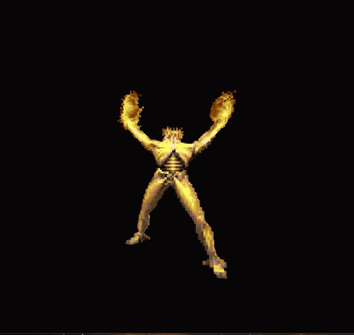 a pixel art of a statue with fire coming out of it