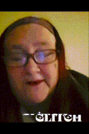 a close up of a woman 's face with glasses and the word glitch below her