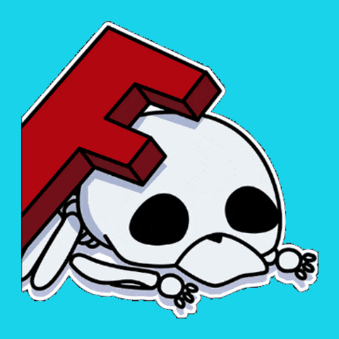 a cartoon drawing of a skeleton with a red letter f on its head