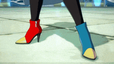 a cartoon character wearing a pair of red and blue shoes