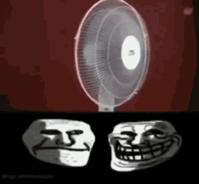 a troll face next to a fan with a red background .