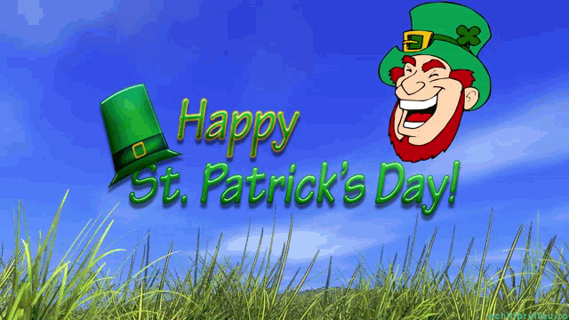 a happy st. patrick 's day greeting with a cartoon leprechaun