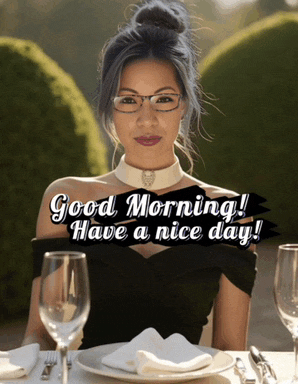 a woman wearing glasses sits at a table with plates and wine glasses and the words good morning have a nice day