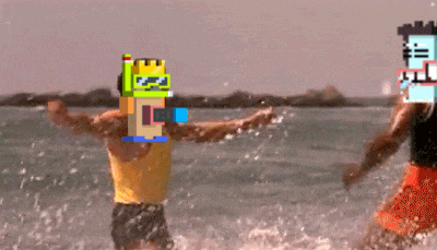 a pixelated image of two men holding hands in the ocean