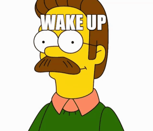 a man wearing glasses and a mustache has the word wake up on his forehead