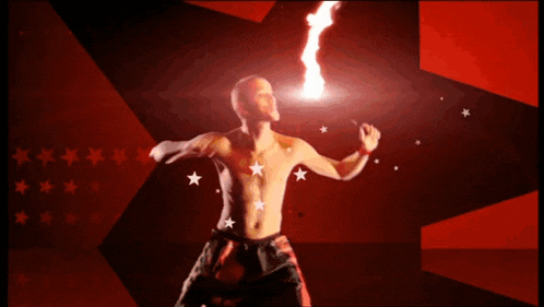 a man without a shirt is standing in front of a fire