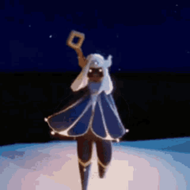 a person in a blue cape is standing on a snowy field .
